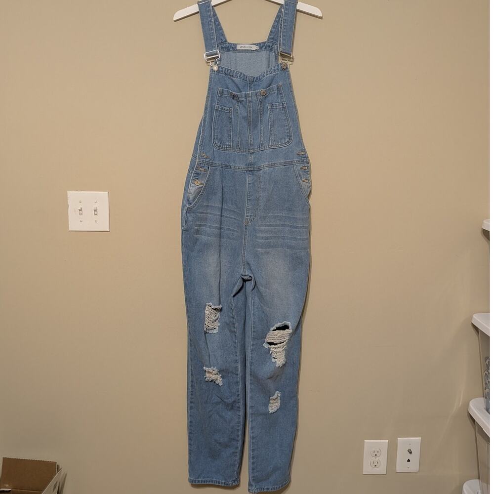 MissLook Cabincore Blue Denim Streetwear Overalls Ripped Knees
